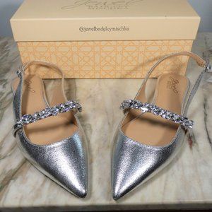 NiB Jewel Badgley Mischka Bambi Pointed Toe Sling Back Flats Silver 7.5